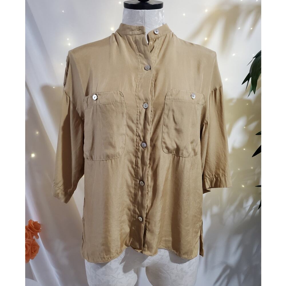 Vince Silk Blend Shell Button Utility Shirt Womens Size XS Safari Beige Modest